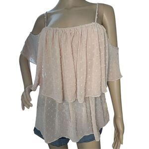 Blue Rain Blush Pink Off Shoulder Polka Dot Short Sleeve Blouse